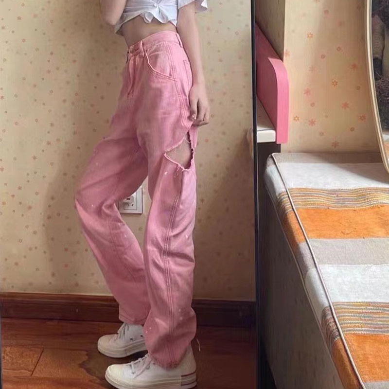 Quần Jean Lưng Cao Dáng Ôm Kiểu Rách Màu Hồng Thời Trang 2023 Cá Tính Cho Nữ