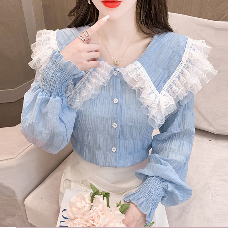 IELGY  Áo Sơ Mi Tay Dài Cổ Búp Bê Phối Ren Thời Trang Cho Nữ