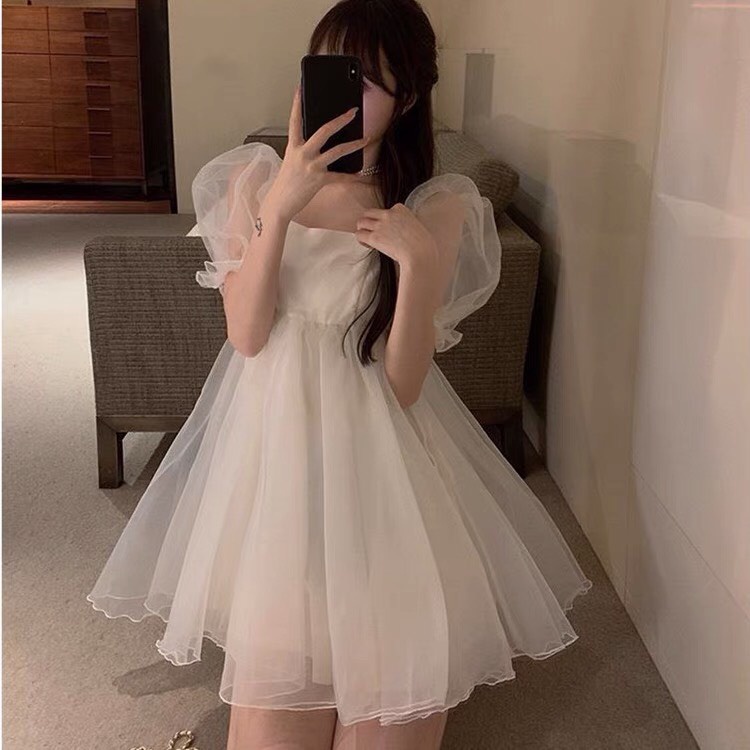 Đầm Babydoll Nữ Cổ Vuông Tay Bồng Vải Voan Kính 2 Màu QM|SU