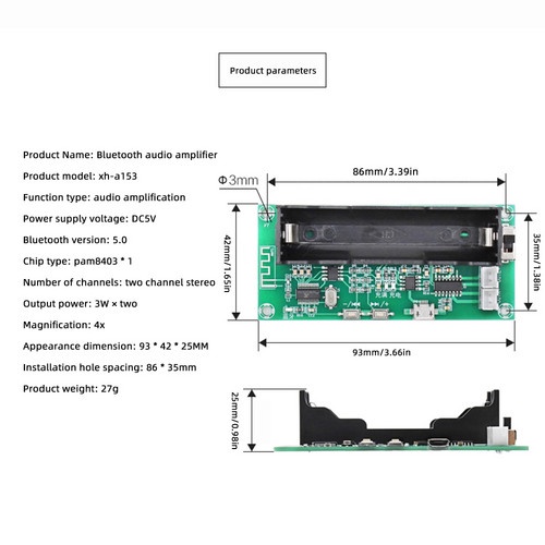Bảng Mạch Khuếch Đại Nguồn Ziqucu XH-A153 Lithium Bluetooth 5.0 PAM8403 3W + 3W Type-C