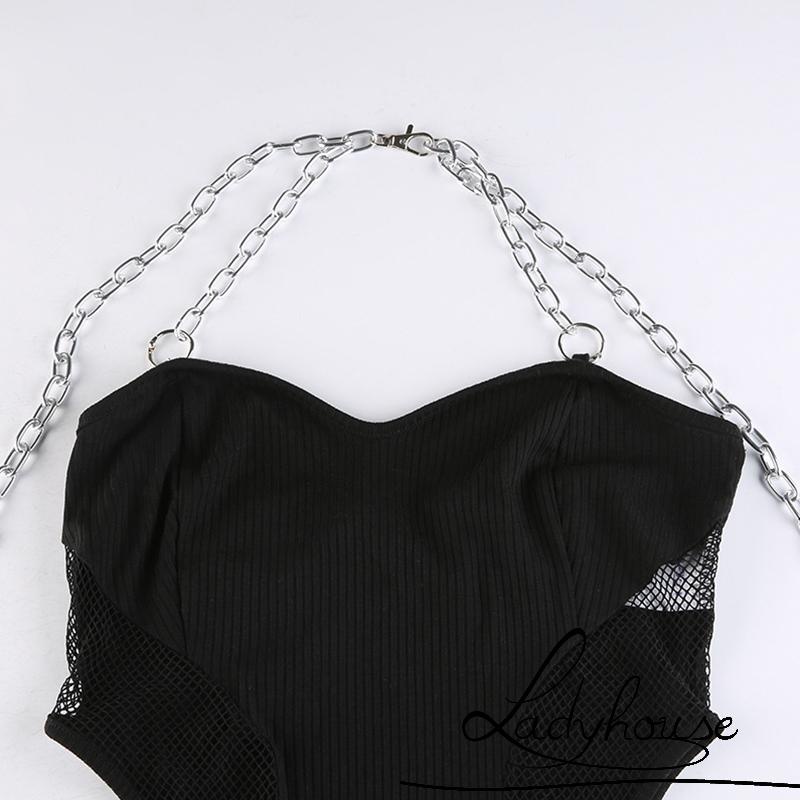 Ldd-bộ Áo Liền Quần Lưới Ghép Nối Dây Xích + Tay Áo Màu Đen Hợp Thời Trang Cho Nữ