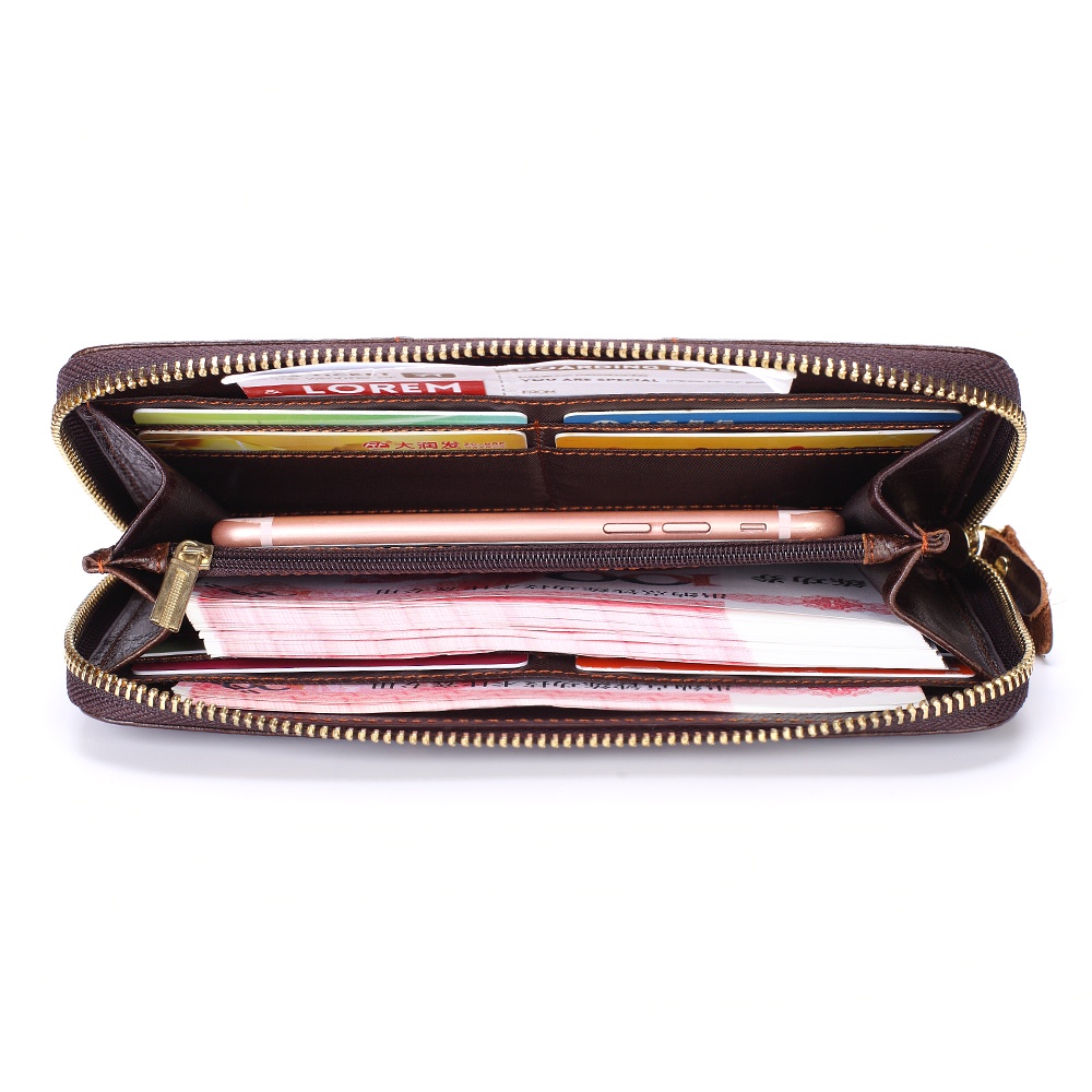 Ví Da Bò Dáng Dài Có Khóa Kéo Phong Cách Vintage Cho Nam Nữ