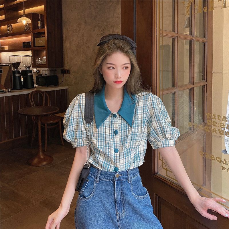 IELGY     Áo Kiểu Tay Phồng Họa Tiết Sọc Caro Phong Cách Pháp