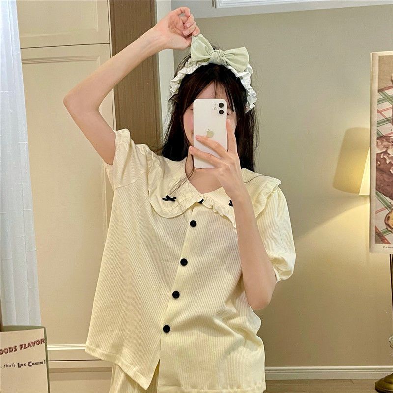 Bộ Đồ Ngủ Ngắn Tay Dáng Rộng Đính Nơ Ngọt Ngào Thời Trang Mùa Hè Mới Dành Cho Bạn Nữ