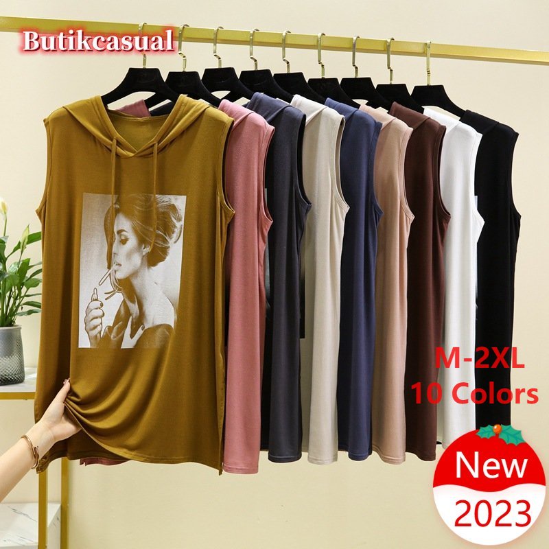 Áo Thun cotton Mỏng Sát Nách Có Mũ Trùm Dáng Rộng In Họa Tiết Thời Trang Xuân Hè 2023 Cho Nữ
