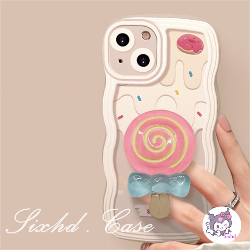 Ốp Điện Thoại Mềm Có Giá Đỡ Hình Kẹo Mút Cho iPhone 14 13 12 11 Pro Max SE2020 X XR Xs Max 7 8 6 6s Plus sixhd Ốp Lưng Điện Thoại cho Candy Cute Lollipop Bracket Wave Edge Case Soft Cover