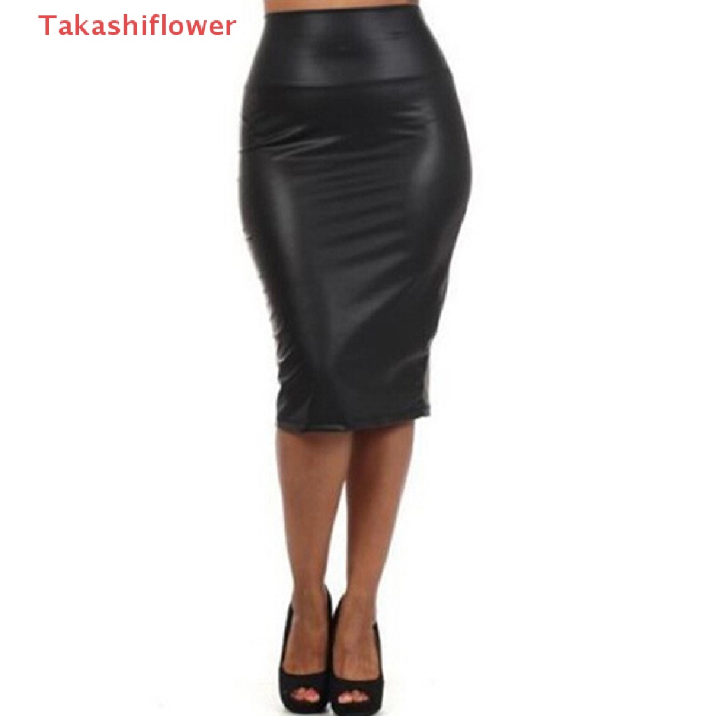 (Takashiflower) Chân Váy Bút Chì Da PU Eo Cao Dài Đến Đầu Gối Ôm Hông Cho Nữ