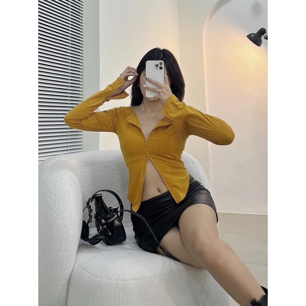 Áo croptop nữ tay dài HHVINTAGE kiểu dây kéo co giãn Top A35