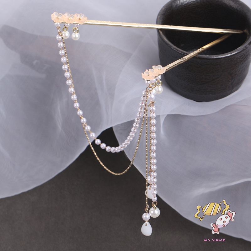 YADORNOS Trâm Cài Tóc Dạng Chuỗi Xích Kép Đính Ngọc Trai Bằng Hợp Kim Phong Cách Trung Hoa Cho Nữ