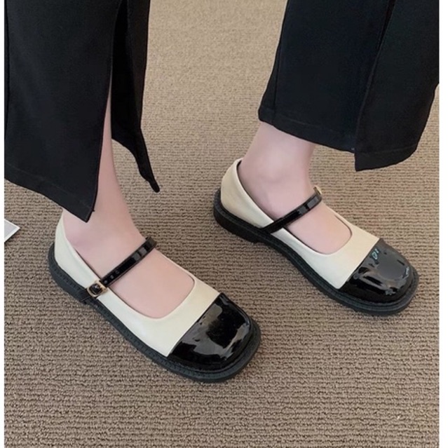 Giày búp bê nữ Mũi Vuông vá Đen quai cài chất da mềm