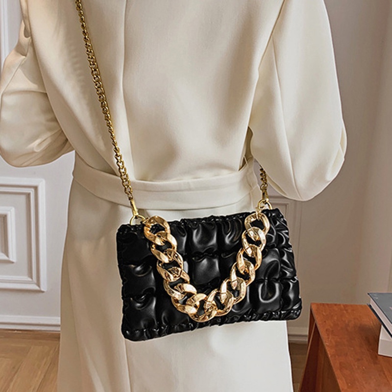 Ielgy Túi Xách Đeo Vai Bề Mặt Dày Mềm Mại Họa Tiết Kẻ Sọc Có Dây Xích