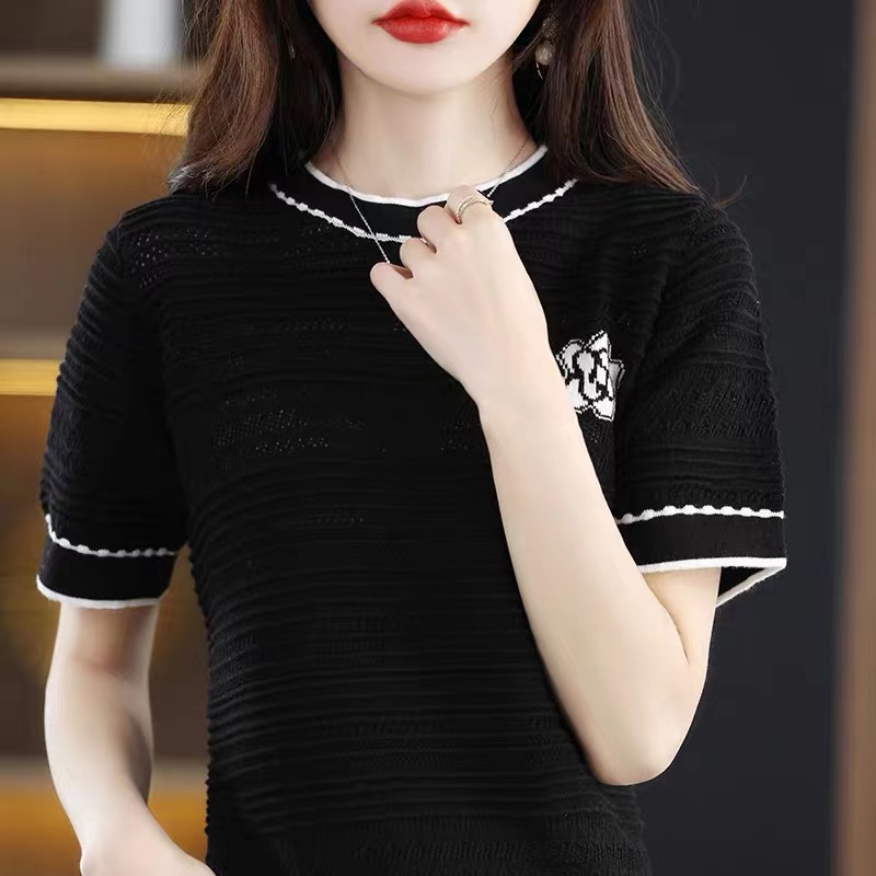 Áo Thun Dệt Kim Tay Ngắn Vải Lụa Lạnh Mỏng Thời Trang Mùa Hè Cho Phụ Nữ Trung Niên