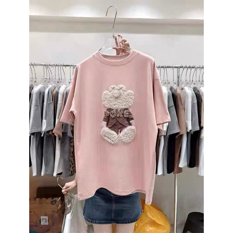 Áo Phông Tay Lỡ Cổ Tròn Thêu Nổi Poxe CHất Cotton Co Dãn 3 Màu Con Gấu