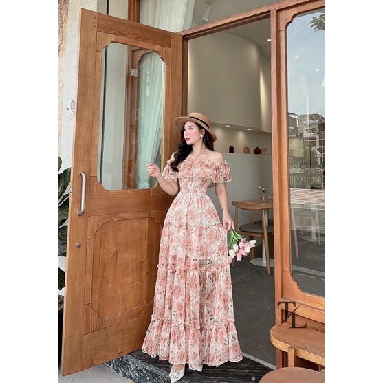 Váy maxi tơ hoa trễ vai, hàng thiết kế  - V024