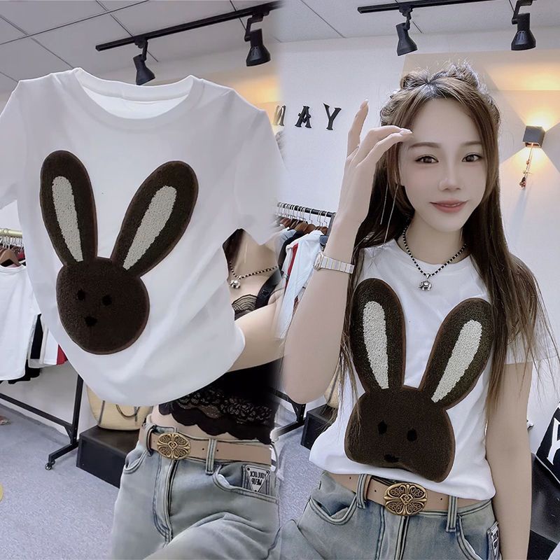 Áo Thun Tay Ngắn In Hình Thỏ Dễ Thương Phong Cách Châu Âu Thời Trang Mùa Xuân 2023