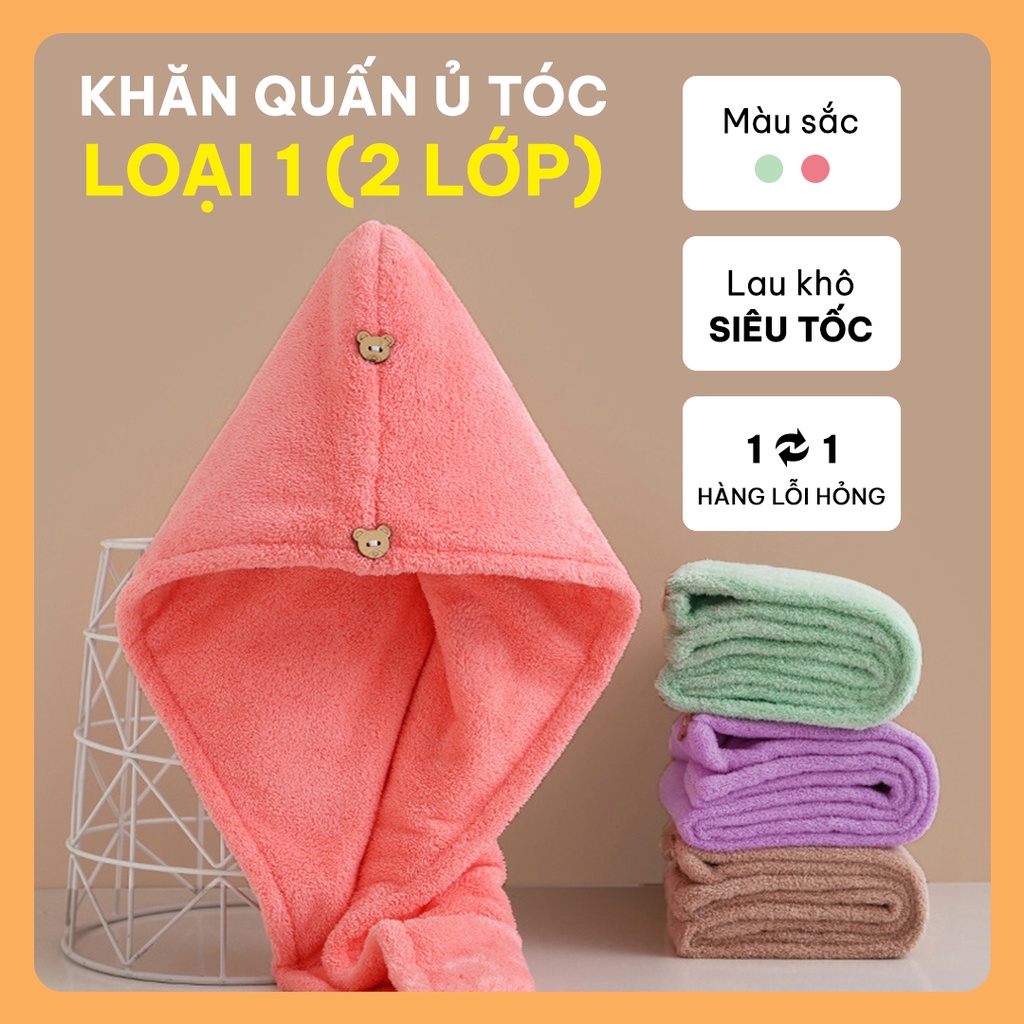 Khăn quấn ủ tóc lau khô siêu tốc loại dày 2 lớp, Khăn lau đầu lông cừu mềm siêu thấm giúp tóc mau khô kích thước 65x25cm