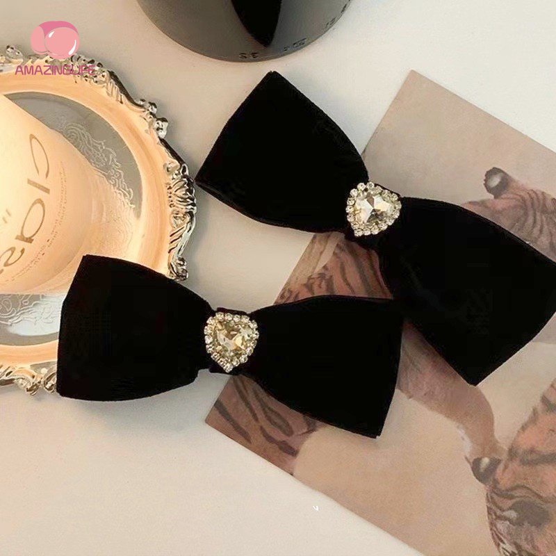 Kẹp Tóc Hình Nơ Đính Kim Cương Giả Màu Đen / Nhung Phong Cách Ins Cổ Điển Thời Trang Cho Nữ