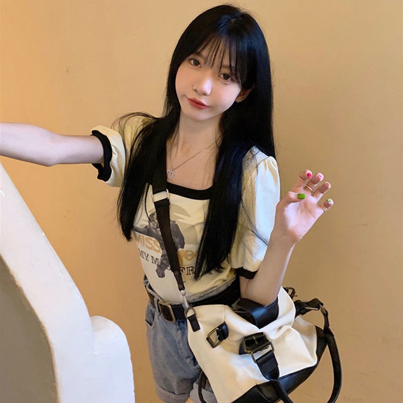 Áo Thun Ngắn Tay Cổ Vuông Màu Sắc Tương Phản Phong Cách vintage Cho Nữ