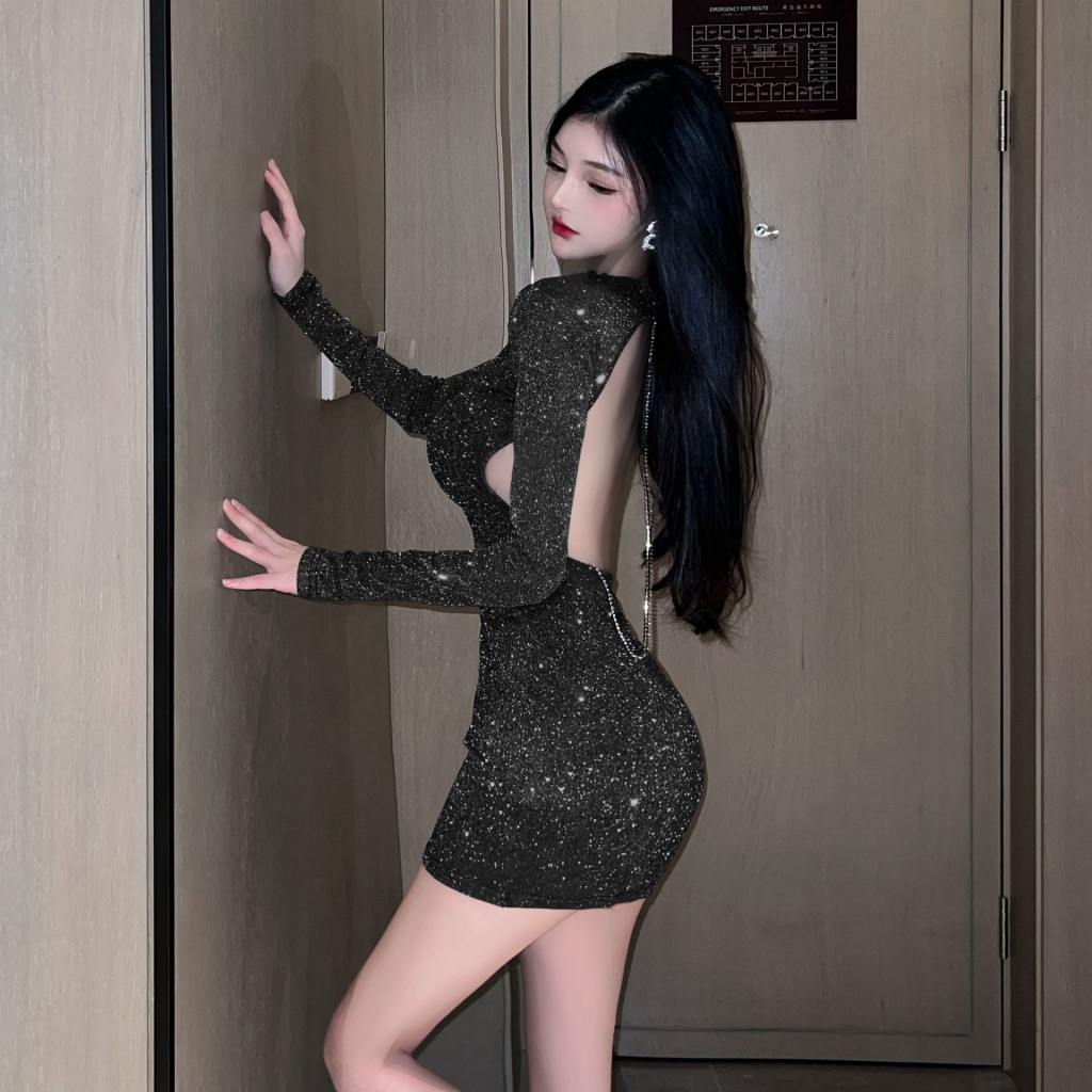 18YX1200 European and American 2023 sexy hot girls backless diamond chain slim long-sleeved sheath dress 4MCB