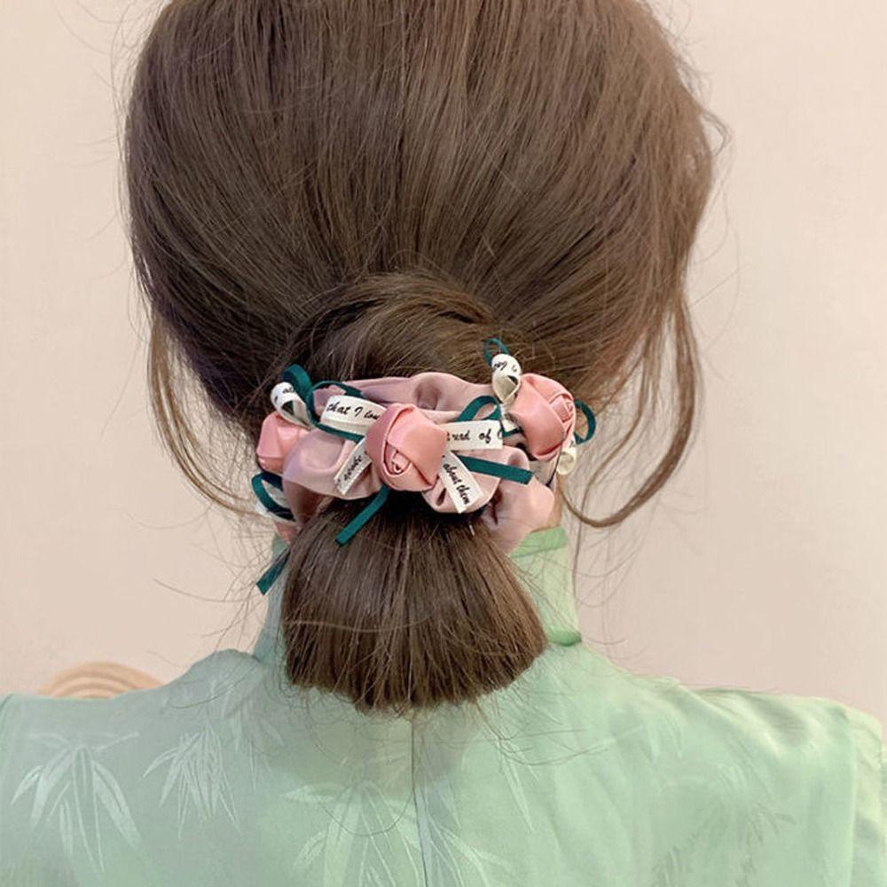 LOMBARD Dây Buộc Tóc Cao Su Co Giãn Đính Hoa Hồng Và Chữ Phong Cách Hàn Quốc Ngọt Ngào Cho Nữ