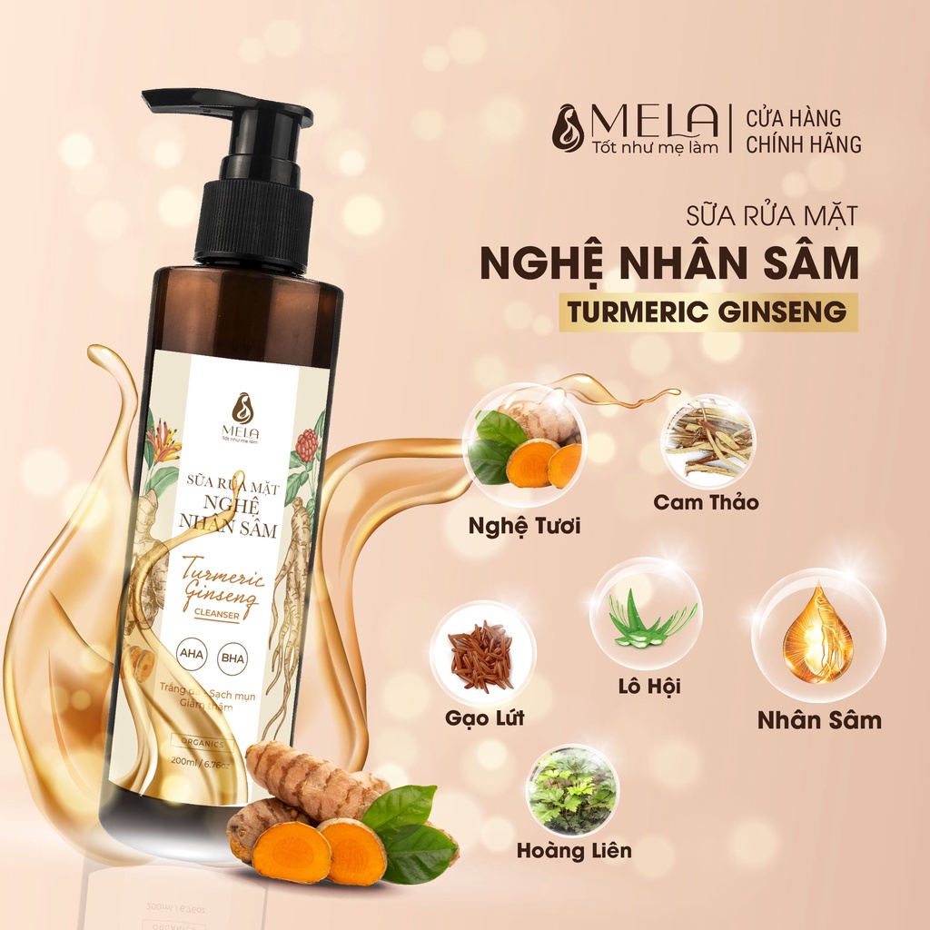 Sữa rửa mặt nghệ nhân sâm MELA 200ml tác dụng làm sạch, giảm mụn, diu nhẹ, sáng da, giảm thâm và cân bằng độ PH