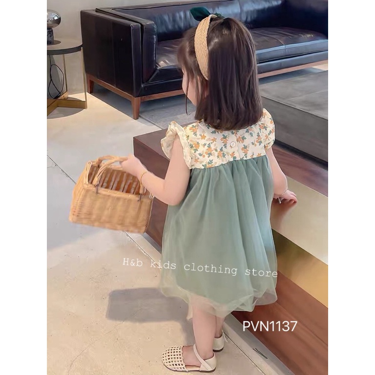Váy cổ hoa phối voan lưới xanh bé gái