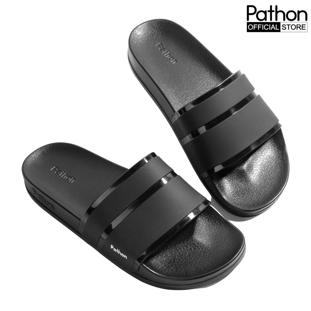 Dép nam nữ quai ngang slipper Pathon quai PVC và đế PU đen quai đen 3 xọc bóng SD107