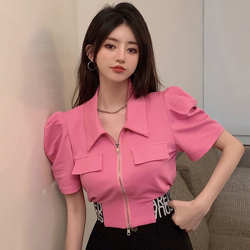 COZOK Áo Khoác Mỏng Tay Phồng Cổ POLO Có Khóa Kéo Thời Trang Cao Cấp Cho Nữ