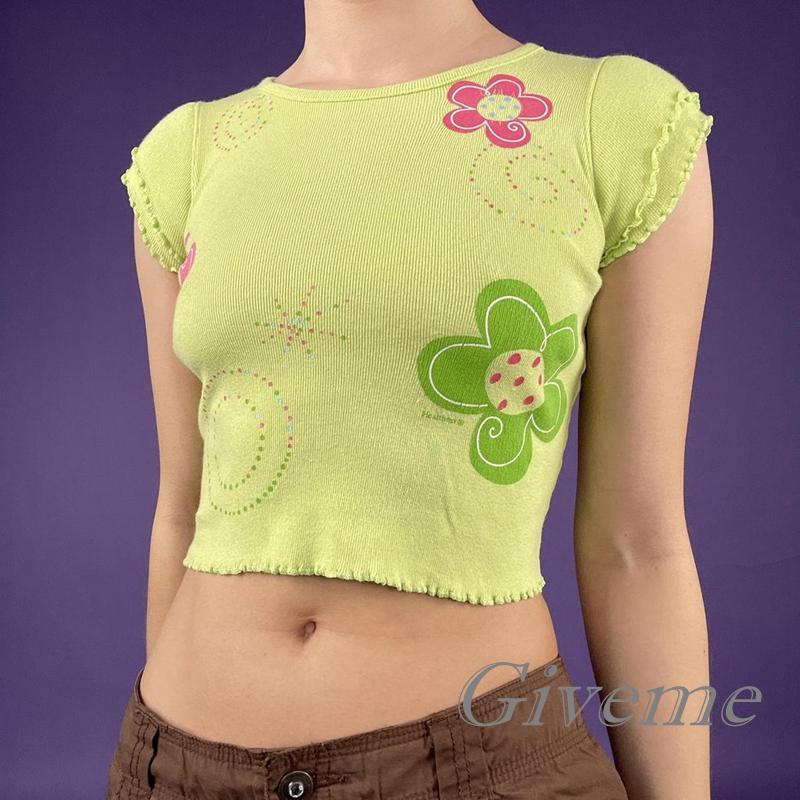 Áo Thun Crop Top Tay Ngắn In Họa Tiết Ngôi Sao / Bông Hoa Thời Trang Mùa Hè Cho Nữ