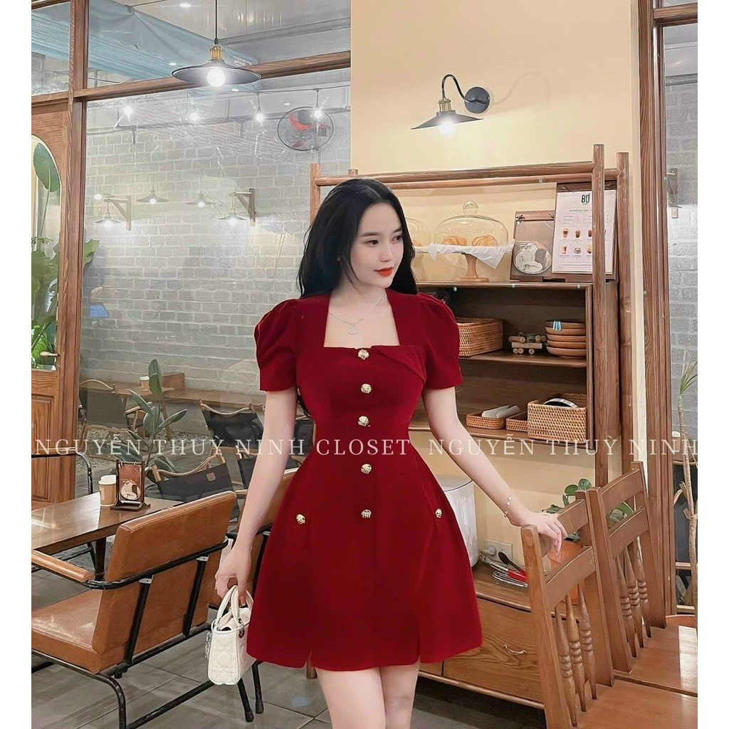ĐẦM NHUNG CAO CẤP DÁNG NGẮN ĐÍNH NÚT CỰC XINH