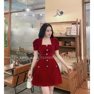 Đầm nhung cao cấp dáng ngắn đính nút cực xinh