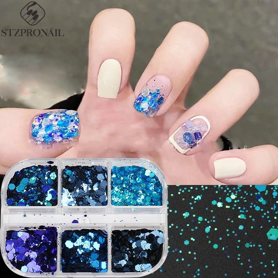 Hộp sequin STZPRONAIL hình lục giác lấp lánh màu xanh dương phong cách Nhật Bản dùng trang trí móng nghệ thuật