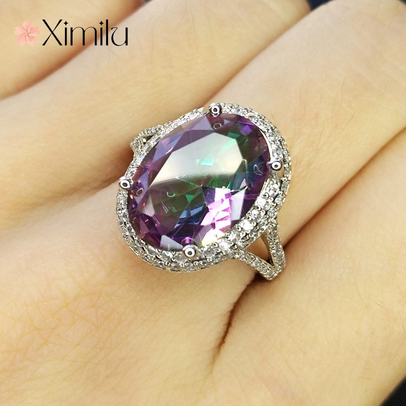♥Nhẫn Mạ Bạc 925 Hình Trứng Ngỗng Đính Kim Cương Nhiều Màu Sang Trọng