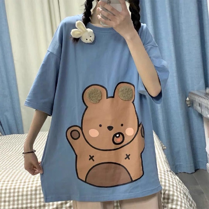 Áo Thun Nữ Ngắn Tay Cổ Tròn In Hình Gấu Dễ Thương