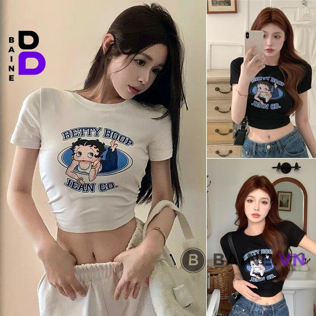 Áo Croptop Cổ Tròn Tay Ngắn BETTY BOOP Chất Thun Borip Kiểu Sexy Nữ, Áo Thun Ôm Body In Hoạ Tiết Đẹp Tôn Dáng BAINE