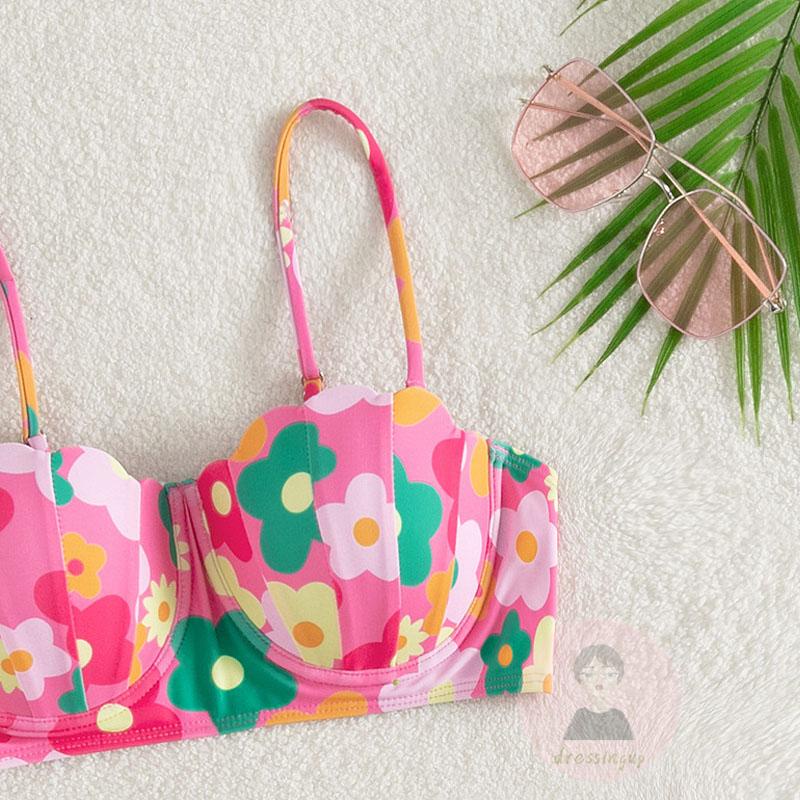 Bộ Đồ Bơi Hai Mảnh Co Giãn Nâng Ngực Họa Tiết Hoa Cho Nữ