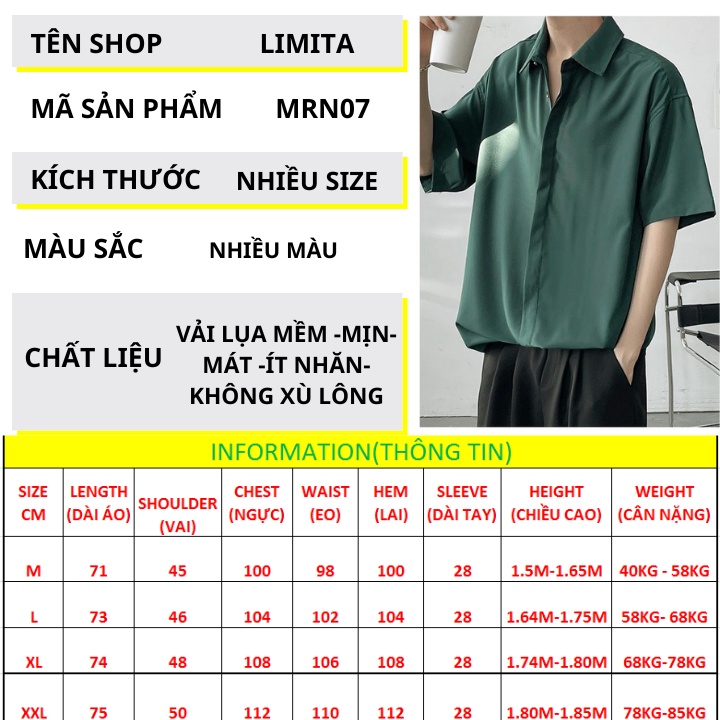 Áo sơ mi nam rộng GIẤU NÚT tay ngắn chuẩn form hàn quốc chất lụa mềm,mịn ,thoáng mát, chống nhăn-MRN07