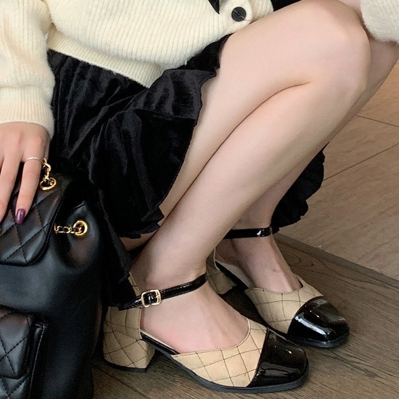 Giày cao gót tiểu thư MARY JANE mũi vuông phối màu họa tiết vân quả trám