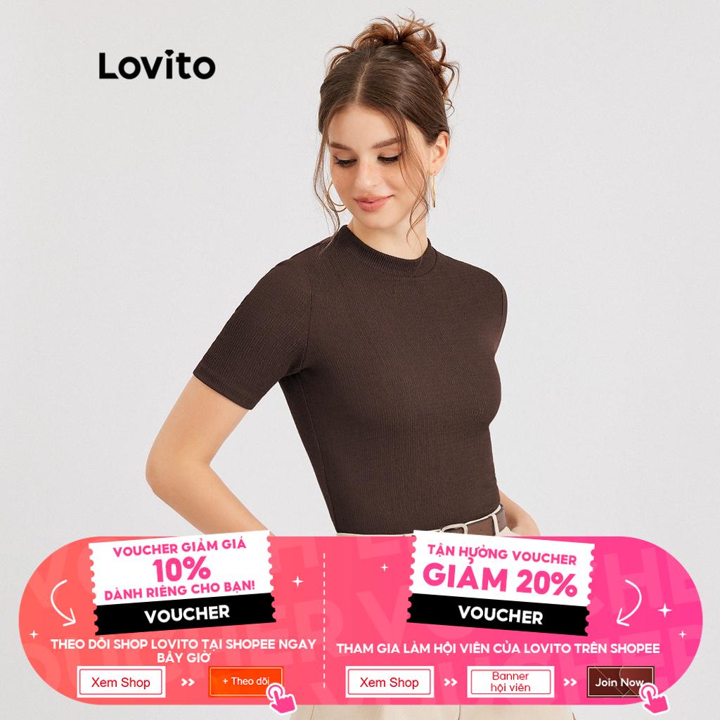 Áo ôm body nữ thun Lovito kết cấu màu trơn cổ trụ dạng ngắn độ co giãn cao phong cách thường ngày L30ED021 (màu nâu)