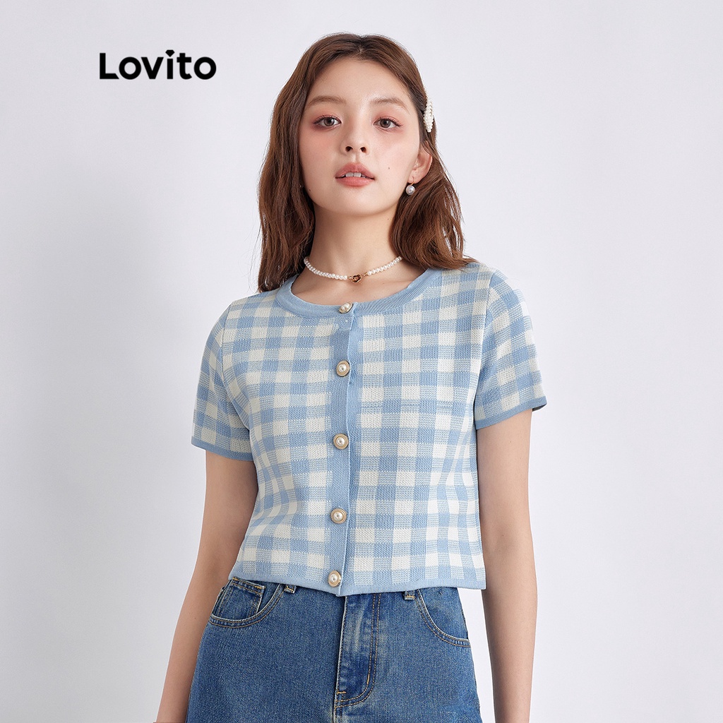 Áo Dệt Kim Cài Nút Gingham L36AD068 (Xanh Dương) Cho Nữ