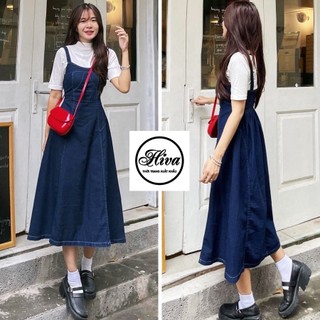 Yếm Váy Jean Nữ 2 Dây Bản To Dáng Xòe Dài Form Rộng Có Chun Lưng Ôm Ngực , Đầm Bò Demin Dáng Xòe Dài   AnnaHouse