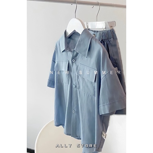 Bộ sơmi đũi xanh bé trai K410