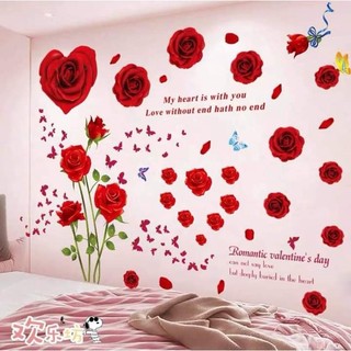 Decal dán tường combo hoa hồng nhung trái tim đỏ