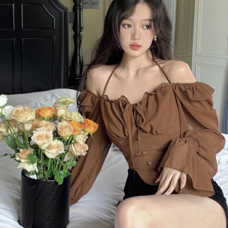 Áo kiểu COZOKC dài tay phối dây thắt nơ độc đáo thời trang