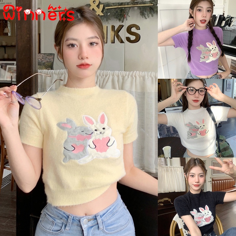 Áo Len Lông Thỏ Tay Ngắn Phong Cách Hàn Quốc Mới