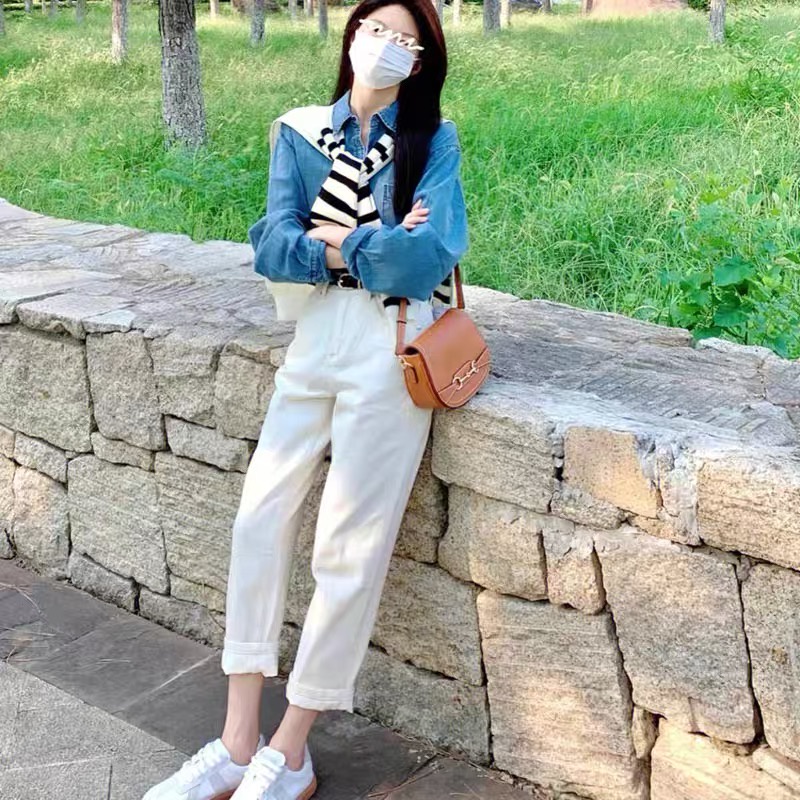 Bộ Áo Sơ Mi Dáng Rộng + Quần Jean Lưng Cao Thời Trang Mùa Thu 2023 Cho Nữ