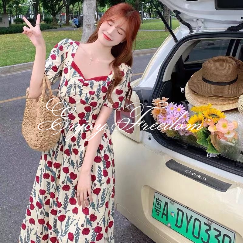 Đầm XINLANYASHE tay ngắn in hoa hồng thời trang mùa hè 2023 dành cho nữ