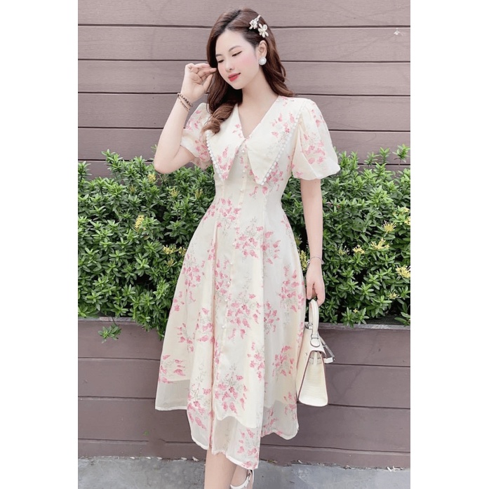 (HCM) Đầm Voan Hoa Nữ Sang Chảnh -Qúy Phái Dài Qua Gối Phong Cách Thanh Lịch Tiểu Thư xinh Xắn cho Các Chị Em HIYU STORE