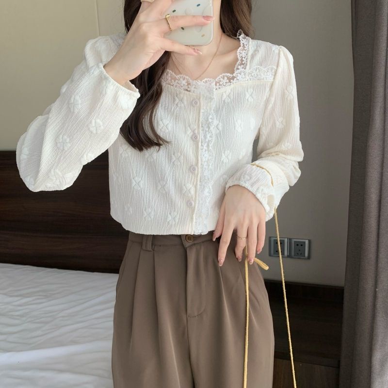 Áo Thun Tay Dài Cổ Vuông Phối Ren Thoải Mái Thời Trang Mùa Thu Mới 2023