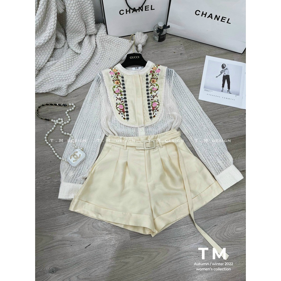 Set Váy Nữ EVANIA Set Áo Chân Váy Kiểu Áo Ren Dài Tay Phối Yếm Trước Ngực Mix Quần Chân Váy TacTa - Mã Z240